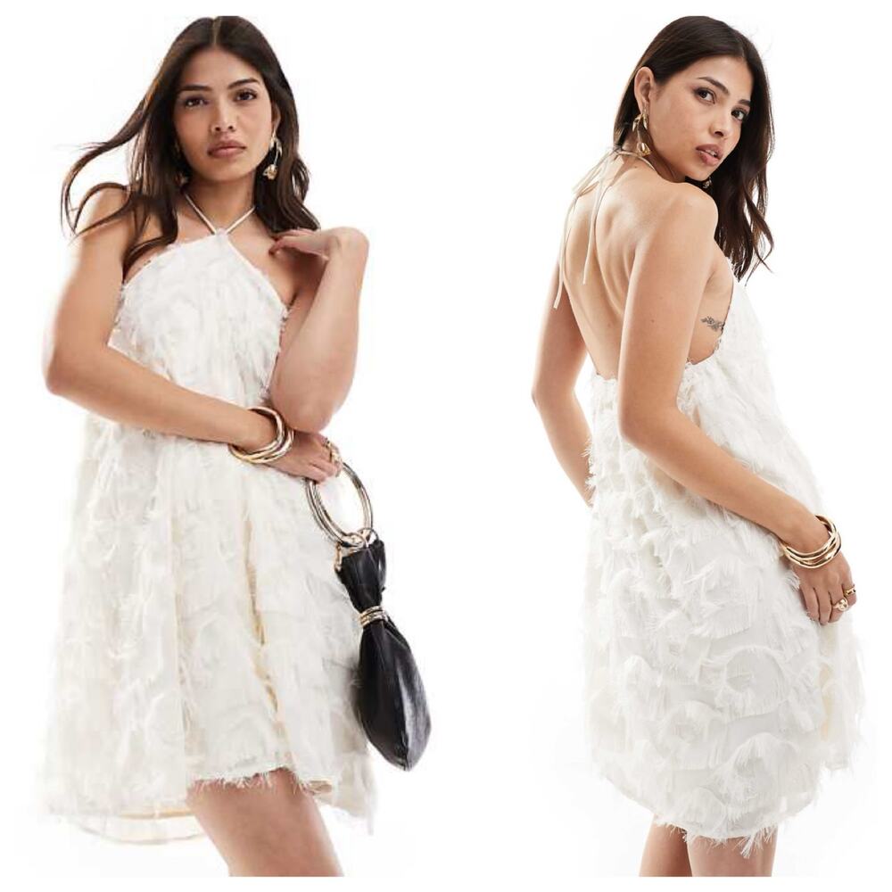 OW Collection - Frankie - Sleeveless mini dress with fringe in white M